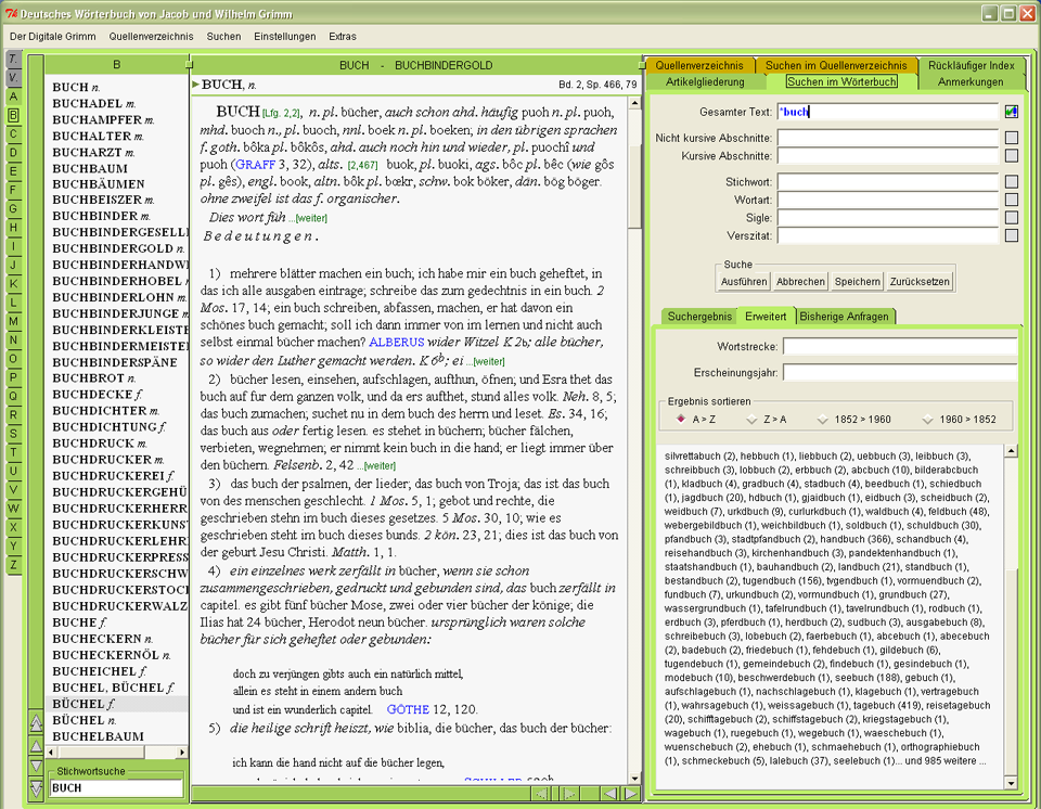 Die Grafische Oberfläche des Digitalen Grimm: links die Lemmalaufleiste, in der Mitte der aufgeschlagene Artikel, rechts der Anzeigebereich für Zusatzfunktionen wie die Suche im Wörterbuch